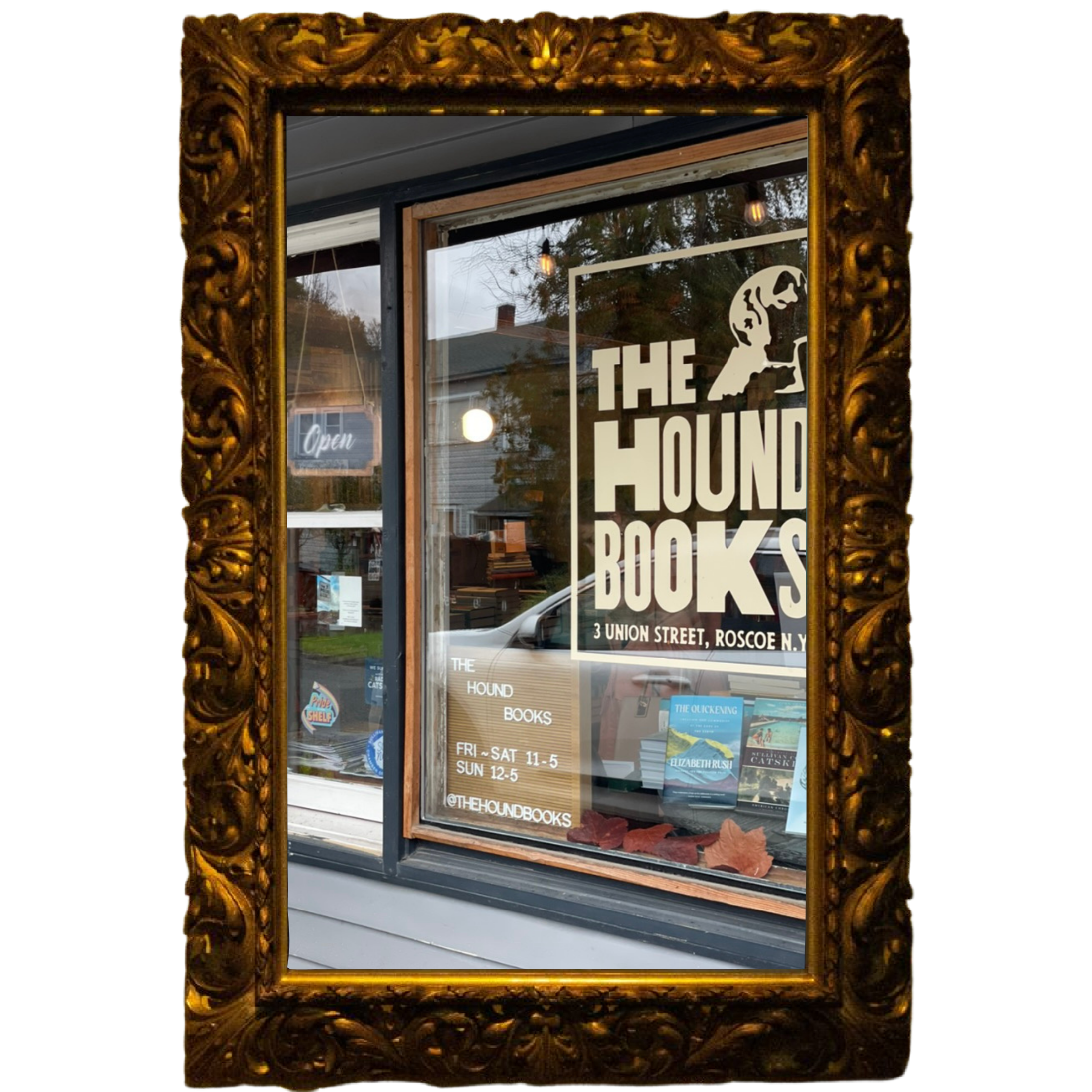 Decorative gold-framed mirror reflecting a store front with 'The Hound Books' sign.