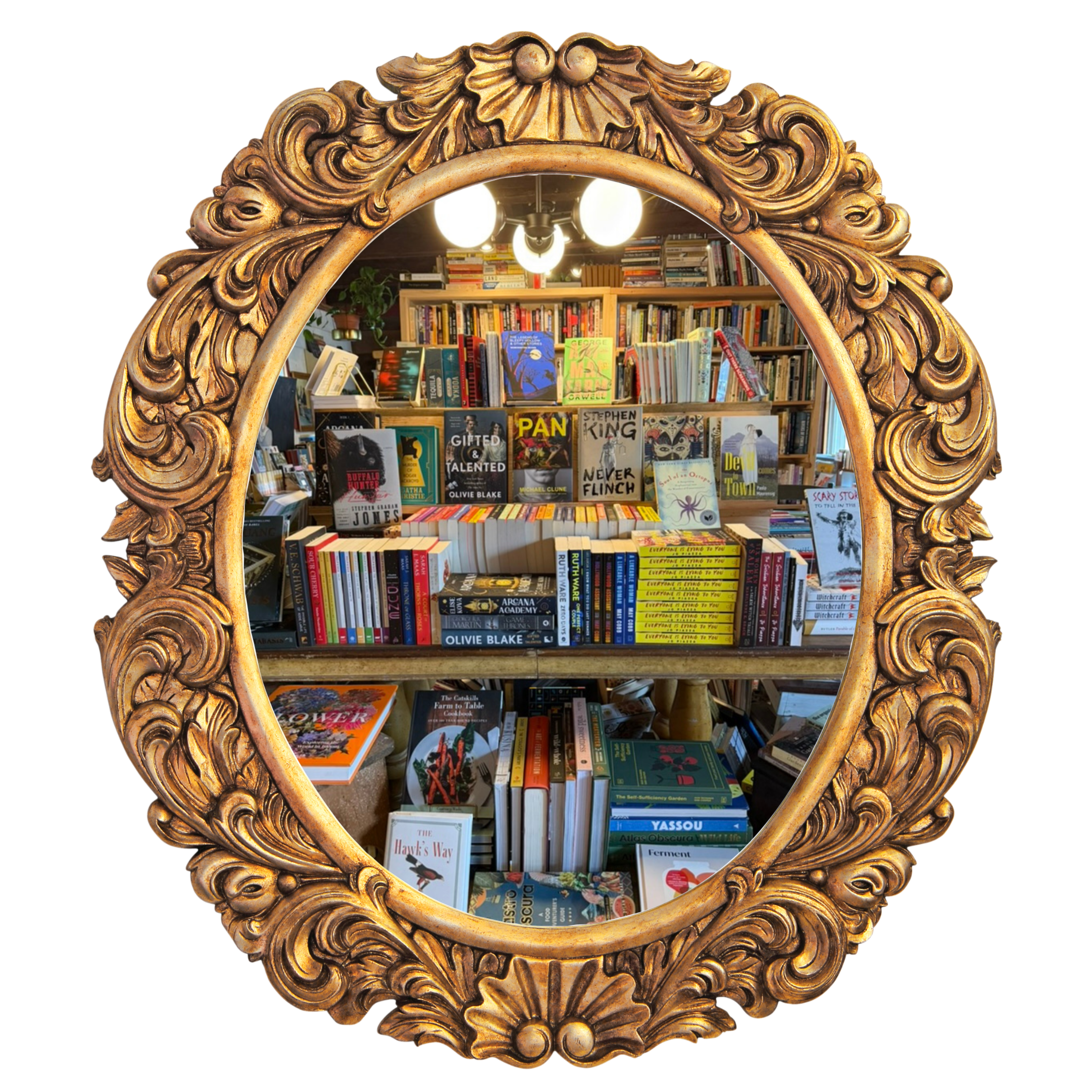Decorative gold-framed mirror reflecting a bookshelf with books.